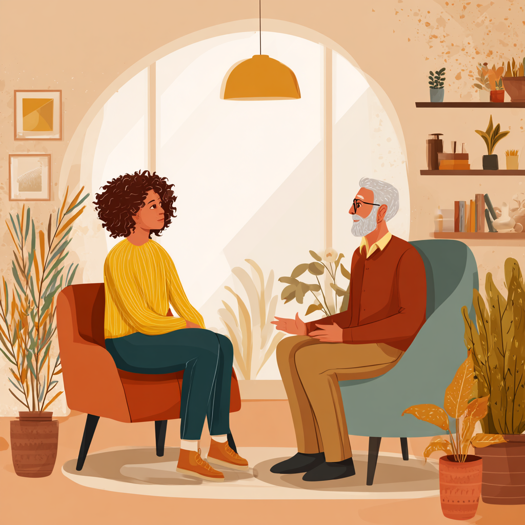 Молода жінка та чоловік похилого віку під час індивідуальної консультації з фахівцем flokarim в затишному кабінеті